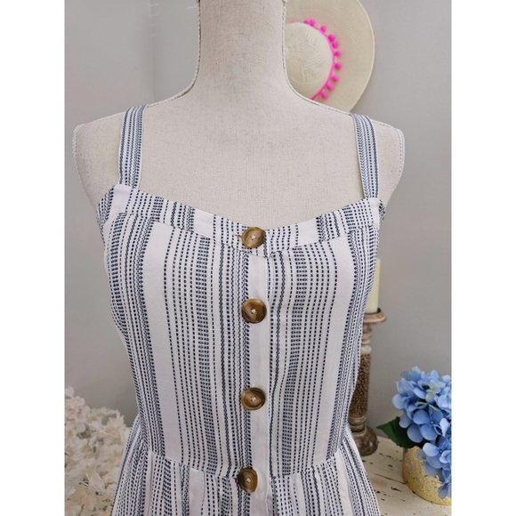 Girly Loft White Blue Striped Fit Waist Front Button Strapy Dress - Picture 3 of 8